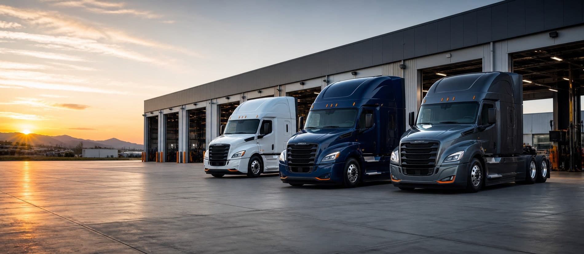 Modern heavy-duty trucks staged outside a professional service facility